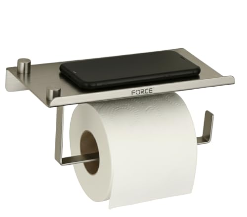 Image of Force Toilet Paper Roll Holder with Built-in Mobile Stand Shelf - Premium Stainless Steel Wall-Mounted Bathroom Tissue Holder | Rust-Resistant, Space-Saving, Modern Design