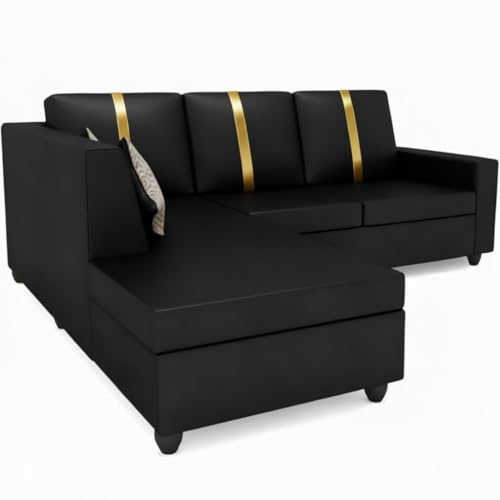 Image of FURNY Nathanoy 4 Seater Leatherette LHS L Shape Sofa Set (Black) Premium Finish | Ideal for Living Rooms