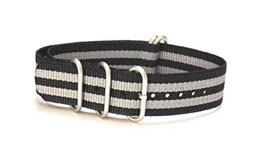 Stech 22mm Nylon Nato Zulu Strap For Watch 5 Rings 25cms Length (Black/Grey)