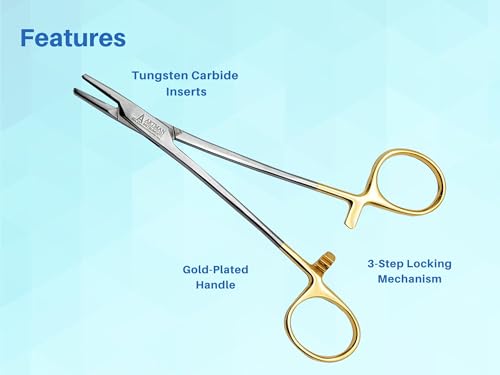 Image of Mayo Hegar Needle Holder 5 inch Tungsten Carbide Inserts, Gold Plated Needle Driver with Strong Lock, Serrated Jaws for Precise Suturing, Autoclavable (5 Inches)