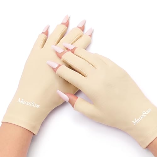 Image of MelodySusie Premium UV Protection Gloves for Manicures, Cool Feeling Fabric,Professional UPF50+, UV Nail Gloves for Gel Nail Lamp, Anti UV Light, Skin Care Fingerless Design,Beige White