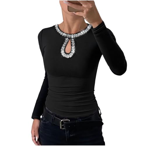 Plus Size Long Sleeve Shirt Women Fashion Going Out Top Rhinestone Sequin Keyhole Neck Slim Casual T-Shirt Black