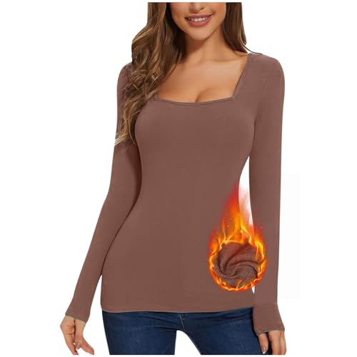 Women Fleece Lined Long Sleeve Shirt Thermal Tight Undershirts Basic Fitted Tops Square Neck Winter Base Layer Brown