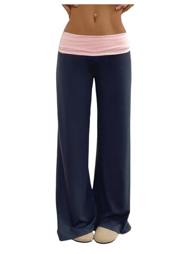 SOLY HUX Women's Sweatpants Color Block Low Rise Fold Over Waist Baggy Wide Leg Pants Dark Blue and Pink Small
