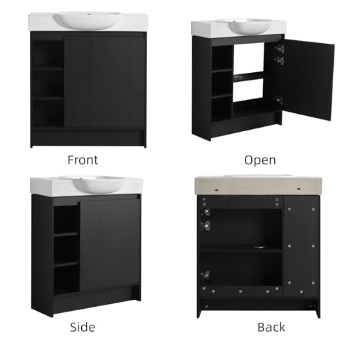 Image of 30 inch Freestanding Bathroom Vanity with Integrated Ceramic Sink, Floor Mount Bathroom Cabinet with 3 Open Shelves & Soft Close Door, Modern Small Bath Vanity Set, Easy to Clean, Dark Oak