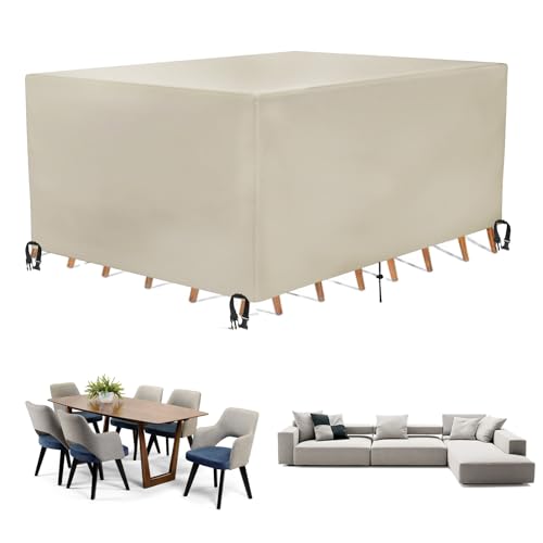 Waterproof Outdoor Furniture Cover Premium Quality Patio Furniture Covers Dust Proof Anti-UV Heavy Duty Durable Sofa Sectional Table & Chair Cover Large (Beige) (420D-250X200X80)