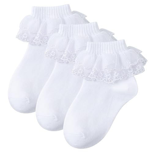 Girls White Ruffle Lace Frilly Socks, Dress Cotton School Uniform Crew Socks Ankle Socks with Faux Pearl for Toddler Little