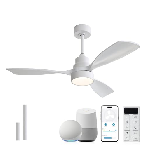 Sofucor 48 Inch Smart Ceiling Fans with Lights and Remote, Flush Mount & Downrod Mount, Work with Alexa/Google/APP, Quiet DC Motor, White Solid Wood Outdoor Ceiling Fan for Bedroom Living Room Patio by Sofucor - Used condition - US$78.15