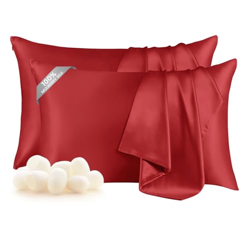 Image of THXSILK Set of 2 100% Pure Mulberry Silk Pillowcase for Hair and Skin, Highest 6A+ Grade Silk Pillow Case Standard Size, Real Silk Pillowcase with Zipper (Red, Standard Size 20 inchx26 inch)