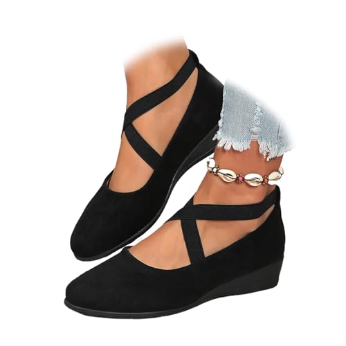 Chaussures compensées à bout pointu pour femme, avec sangle élastique croisée et bout rond confortable à enfiler, Noir , 41 EU