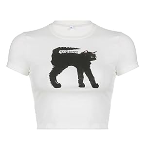Womens Y2k Print Crop Baby Tees Aesthetic Cute Cat Graphic Slim Fit Casual Summer Streetwear T-Shirt for Teen Girls