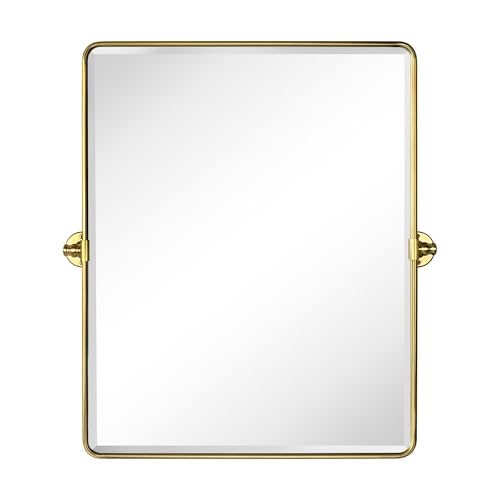Image of Farmhouse Pivot Rectangle Bathroom Mirror Brushed Gold Metal Framed Tilting Beveled Vanity Mirrors for Wall, Overall 27.91x 30 inches (Mirrror 24 x 30 inches)