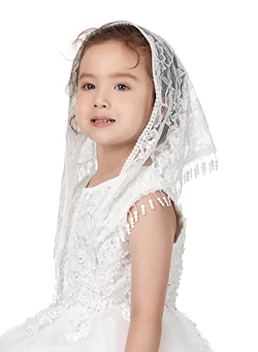 PAMOR Triangle First Communion Veils for Girls Lace Chapel Veil Mantilla Veils Latin Mass Church Veil for Catholic Baptism2
