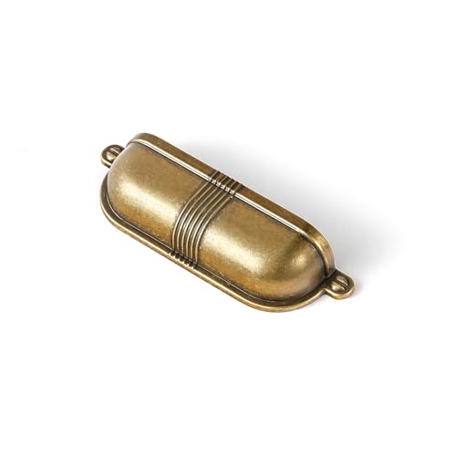 Goo-Ki 6 Pack 3 Inch Antique Brass Cup Pulls with Textured Strap Design, Elegant Vintage Bin Handles for Kitchen & Furniture