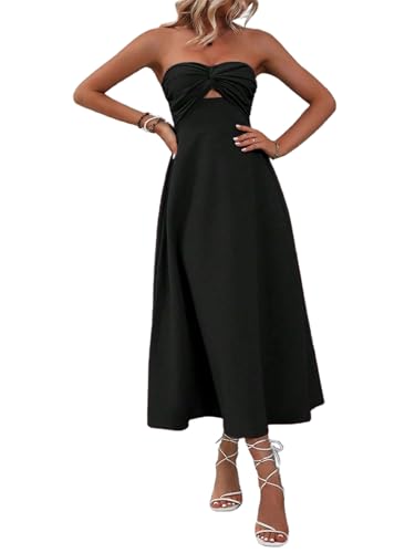 Image of SKAYS Womens Strapless Twist Knot Midi Dress Cutout A-line Tube Summer Cocktail Party Dress with Back Smock