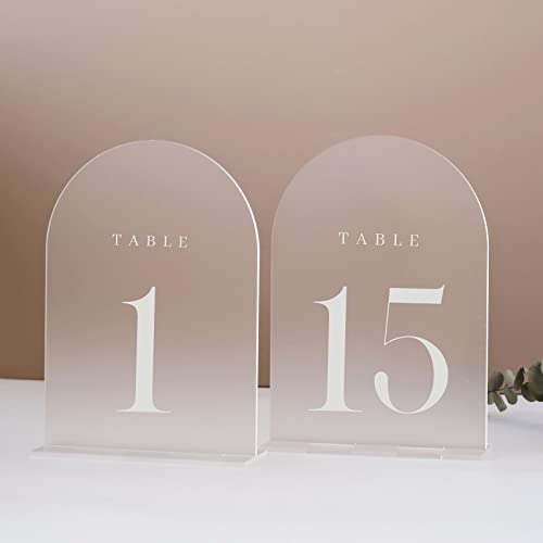 JINMURY Frosted Arch Table Numbers for Wedding 15 Pack 5"x7" Frosted Arch Acrylic Signs with Holder Acrylic Table Numbers 1-15