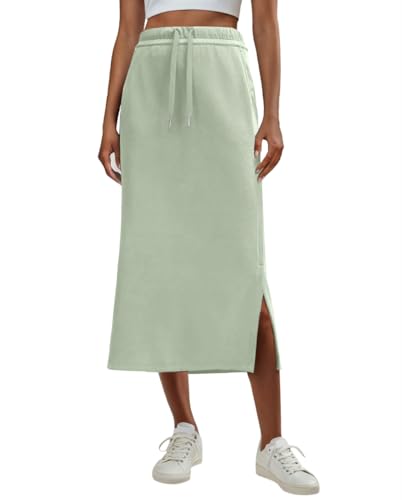 Image of Lepunuo Women's High Waisted Sweat Maxi Skirt with Pockets Slit | Ultra Soft Sweat Fabric, High Waist Drawstring, Deep Phone Pockets, Side Slit for Movement, Ideal for Lounge Travel