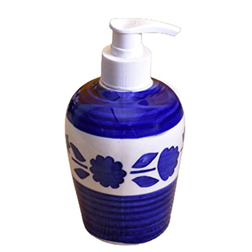 Image of Ceramic Liquid Soap Dispenser, 350 ml, Blue Flower | Refillable Pump Bottle for Hand Wash, Lotion, Shampoo & Kitchen Use, 1 Piece