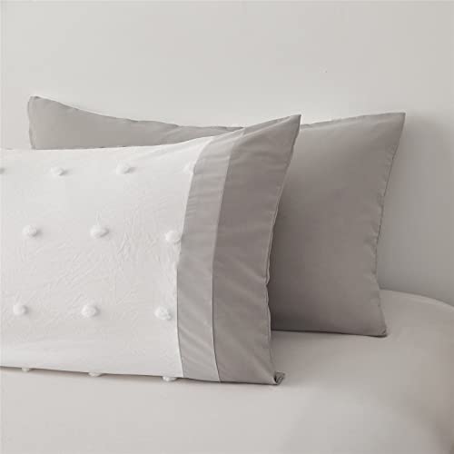 Kakki Tufted Pom Pom Comforter Set Full/Queen Size For Boys Girls Kids Teen, Light Grey And White Patchwork Striped Jacquard Comforter, 3Pc Soft Microfiber Bedding Set For All Season(Grey,Queen) #TOP5