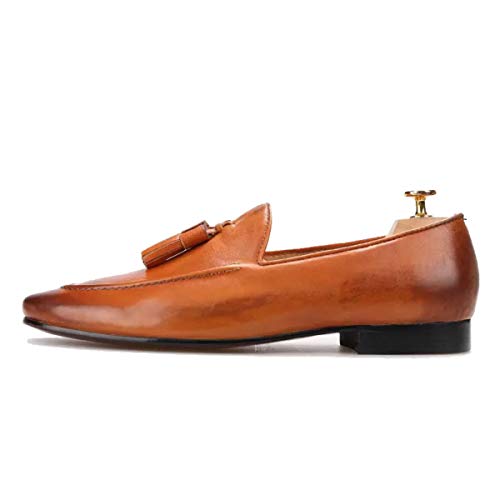 FERUCCI Handmade Men Plain Brown Leather with Brown Tassel Slippers Loafers3