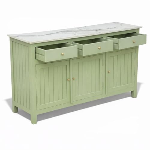 Image of Solid Wood Madrid Sideboard Cabinet with Sintered Stone Top for Living Room | Premium Acrylic Sage Green Finish | 130x40x80 cm