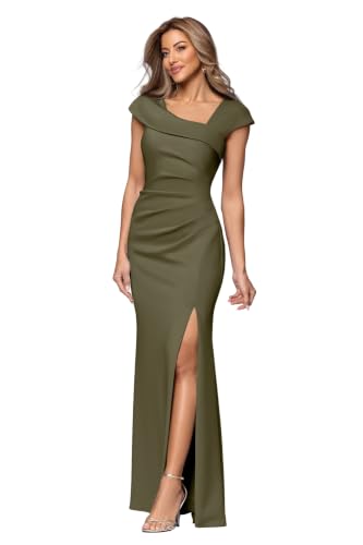 Image of Xscape Women's Long Bodycon Formal Evening Gown with Cap Sleeves, Asymmetrical Neckline, Ruched Bodice and Front Slit