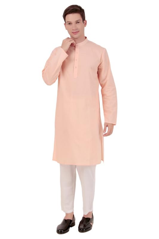 Curiozz Kurta Pajama Band Collar Mens Cotton Indian Casual Yoga Henley Shirt Pant Set Color Pink-XL