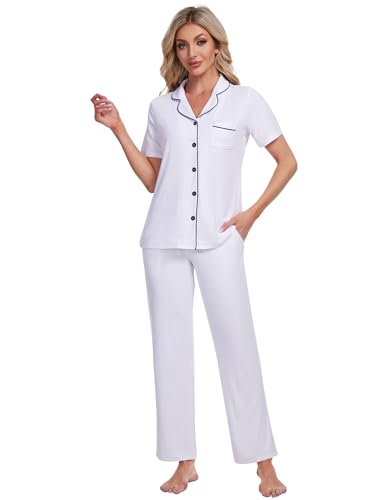Womens Pajamas Set Short Sleeve Tops with Pants Pjs Notch Collar Sleepwear Button Down Pj Sets S-XXL