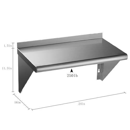 Image of ROCKPOINT Stainless Steel Shelf 14 x 24 Inches 250lb, NSF Metal Commercial Shelves Wall Mount Floating Shelving with Backsplash for Restaurant, Kitchen, Home and Hotel, Silver