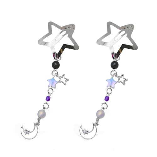 2pcs Y2k Star Moon Hair Clip,Star Tassels Hair Clips for Women,Y2k Silver Hair Snap Barrettes,Hair Pin Accessories for Braid Long Short Thin Thick Hair