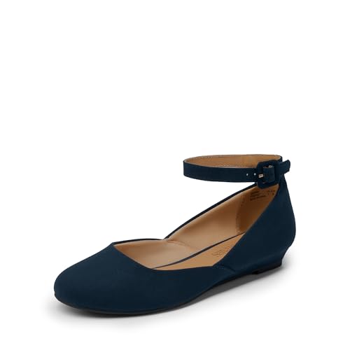 DREAM PAIRS Women's Dress Flats Ballet Low Wedge Round Toe Ankle Strap Comfortable Casual Flats Shoes 9 Navy Suede