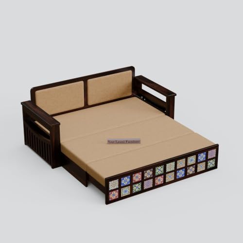 Image of Wooden Sofa Cum Bed for Living Room | Convertible Sofa Bed with Storage | 3 Seater Foldable Sleeper Sofa | Solid Wood Pull Out Sofa Bed with Mattress for Home & Guest Room (Walnut, Anna)