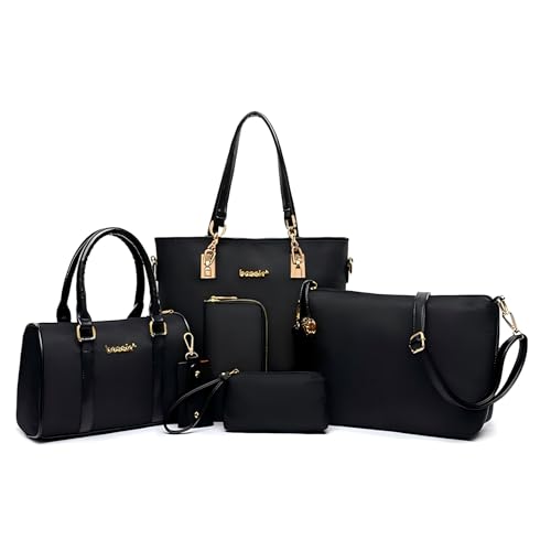 Lengender Femmes Mode 6Pcs Bag Set PU Cuir Sac Portés Main + Fourre-Tout + Sac à Bandoulière + Portefeuille + Titulaire de la Carte Pochettes (Noir)