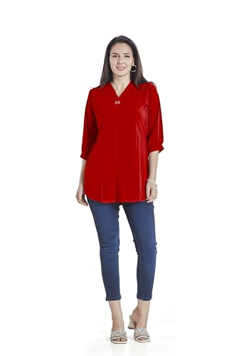 Image of nioni Women's Purple Poly Linen Blend Tunic Top with 3 /4 Sleeves, Printed Yoke, Kantha Stitch Detailing & Mandarin Collar