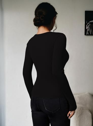 Pink Queen 2025 Women's Long Sleeve Cutout Keyhole Neck Top Ribbed Knit Shirts Casual Elegant Stretch3