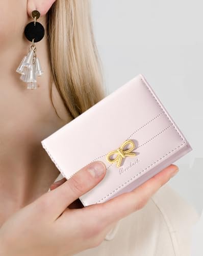 Cute Wallet Coquette Bow Small Wallet Tri-folded Aesthetic Bifold RFID Blocking Card Holder Leather Mini Short Coin Purse with ID Window for Women Girls Ladies -Pink2
