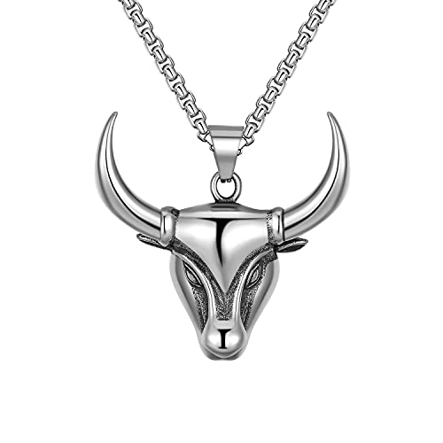 FLYMUROW Bull Head Mens Necklace Pendant Stainless Steel sliver Tone Cow Cattle Ox Bull Taurus Horns Tribal Animal Men Jewelry