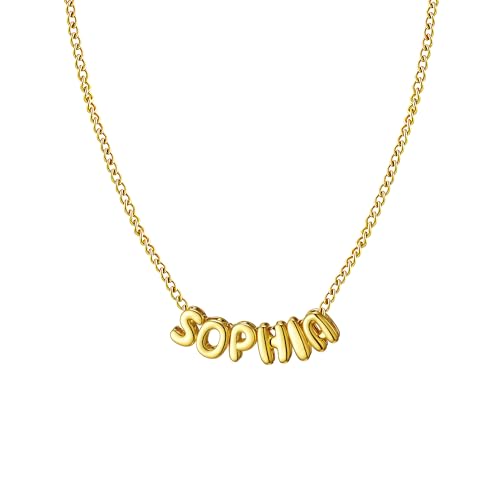 Ldurian Personalized Bubble Name Necklace, 3D Bubble Tiny Name Plate Pendant Necklace, 14K Gold Plated Charm Cute Pre-made Jewelry for Women