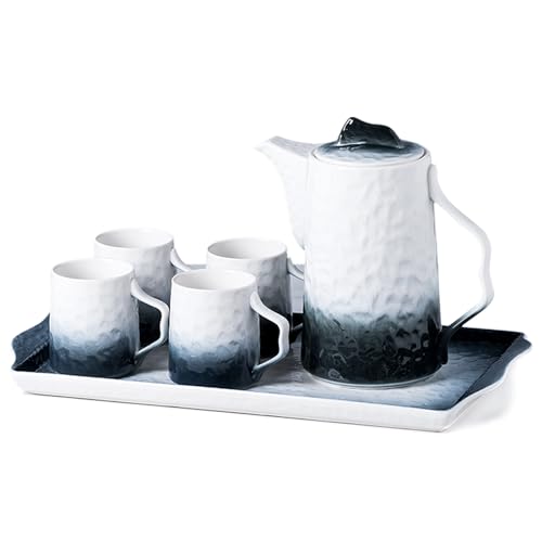 Tiamo Porcelain Tea Cup Set with Teapot for 4, Blue and White with Tray - Perfect Gift for Tea Lovers,Christmas Gifts for Women