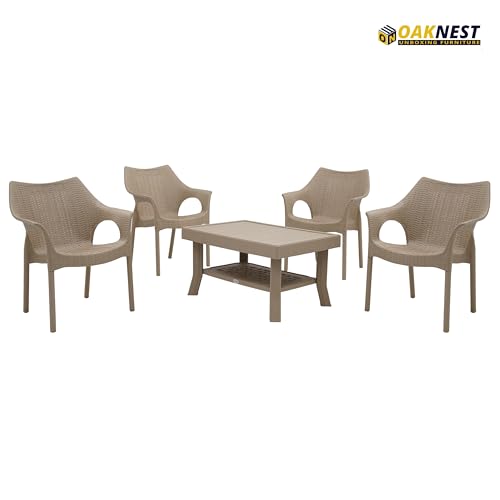 Image of Oaknest Supreme Cambridge with Vegas Plastic Outdoor Chair and Table Set | 4 Rattan Chairs + 1 Table | Weatherproof, Lightweight | Garden & Patio Use Dark Beige