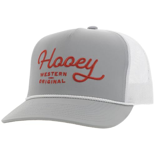 HOOEY OG Adjustable Snapback Hat - Trucker Hat for Men & Women with Mesh Back, 5 Panel Baseball Cap w/Rope Detail, Western OG Logo Ball Cap, Breathable Snap Back, One Size Fits All, Grey/White