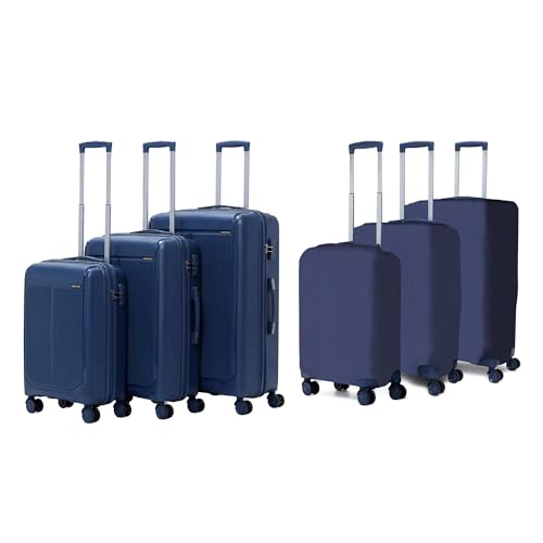 Image of VLITE Megatron Family Set of 6 Luggage with Covers | 3 Trolley Bags (20 /24 /28) + 3 Luggage Covers (20 /24 /28) | Lightweight Polypropylene Hard Shell, 360 Spinner Wheels (Navy Blue /Solid Black)