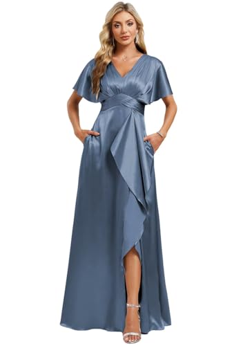 Image of Elegant Satin Bridesmaid Dress with Sleeves Ruffles High Silt Formal Dresses Long for Women Fall DIN022