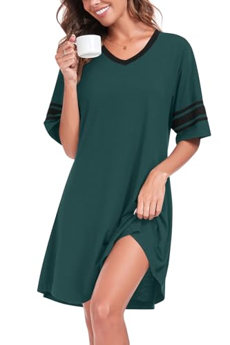 Image of REGAI Womens Nightgowns Short Sleeve Sleepshirt Sleepwear Casual V Neck Sleep Dress Loungewear Nightshirts