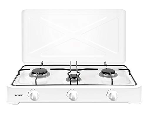 INFINITON | Cocina de Gas Portatil GGP-3B | 60cm de Ancho | Hornillo a Gas | Quemadores desmontables | 3 Fuegos | Portatil | Apoyo antideslizante | Color Blanco