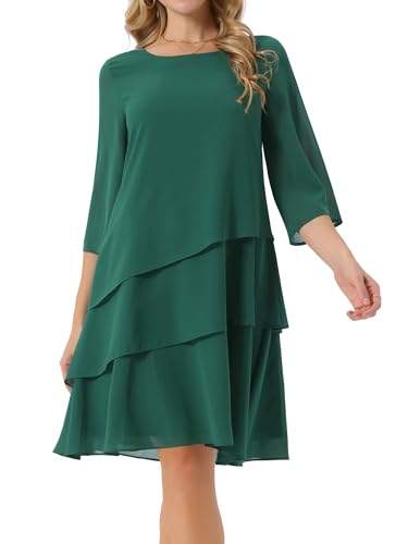 Image of Seta T Women's Chiffon Dresses 3 /4 Bell Sleeve Crewneck Tiered Layered Flowy Dress Party Wedding Outfits