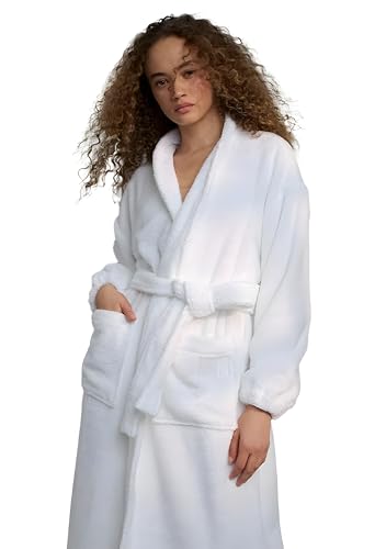 Lunya Spa Terry Cloth Robe - Premium Turkish Cotton Bathrobe with Elastic Cuffs and Pockets - Sincere White
