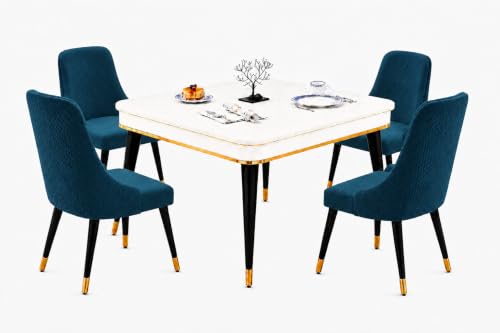 Image of WOODEN SPACE 4 Seater Wooden Dining Table Set | Urban Marble Top Dining Table with Chairs for Dining Room & Kitchen (Modern Vento Sea Blue) (42 x 42 x 30 inch)