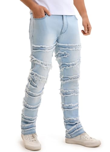 Liviccy Mens Stacked Jeans Slim Fit Distressed Destroyed Ripped Stretch Flared Jeans for Men, Blue, 34W x 34L