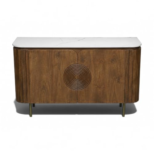 Image of Solid Wood Mandala Sideboard Cabinet with Sintered Stone Top for Living Room | Tubaq Finish Lacquered with Soft Close Hinges| 140 cm (W) x 39.8 cm (D) x 85 cm (H)